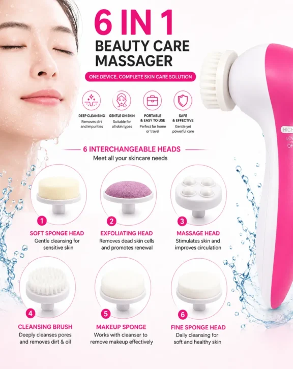 The 6 in 1 Beauty Care Massager is a versatile facial cleansing and skincare device featuring 6 interchangeable heads for cleansing, exfoliating, massaging, and everyday skin care. With 2 adjustable speed settings (High & Low), an ergonomic handle, and a lightweight portable design, it makes maintaining your skincare routine simple and convenient at home or while traveling.