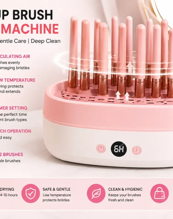 The Makeup Brush Dryer Machine provides a convenient way to dry freshly cleaned makeup brushes and compatible beauty tools. Featuring 360° circulating airflow, gentle low-temperature drying, an adjustable 4–10 hour timer, and capacity for up to approximately 12 brushes, it helps keep your beauty tools organized and ready for use. Its compact white-and-pink design, digital display, and simple controls make it ideal for any home vanity or beauty station.