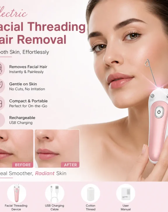 The Electric Facial Threading Hair Removal device offers a quick and convenient way to remove unwanted facial hair from areas such as the upper lip, chin, cheeks, and jawline. Featuring an easy one-button operation, compact ergonomic design, and USB rechargeable power, it is ideal for at-home grooming or travel. Its electric threading mechanism helps remove hair efficiently, while the stylish white and rose-gold finish makes it a practical addition to any beauty routine.